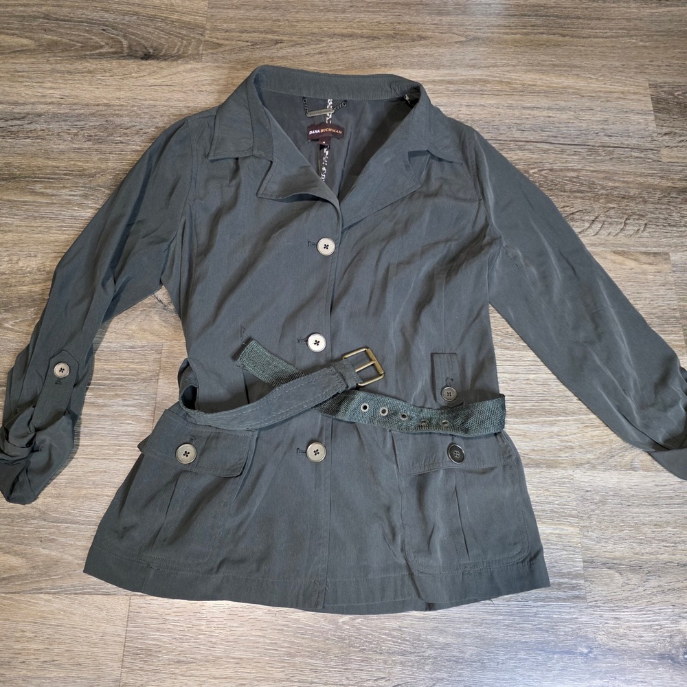 Dana Buchman Womens M Safari‎ Jacket Green Belted Utility Roll Tab Sleeve Pocket